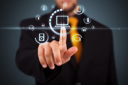 Businessman pressing virtual media type of buttons